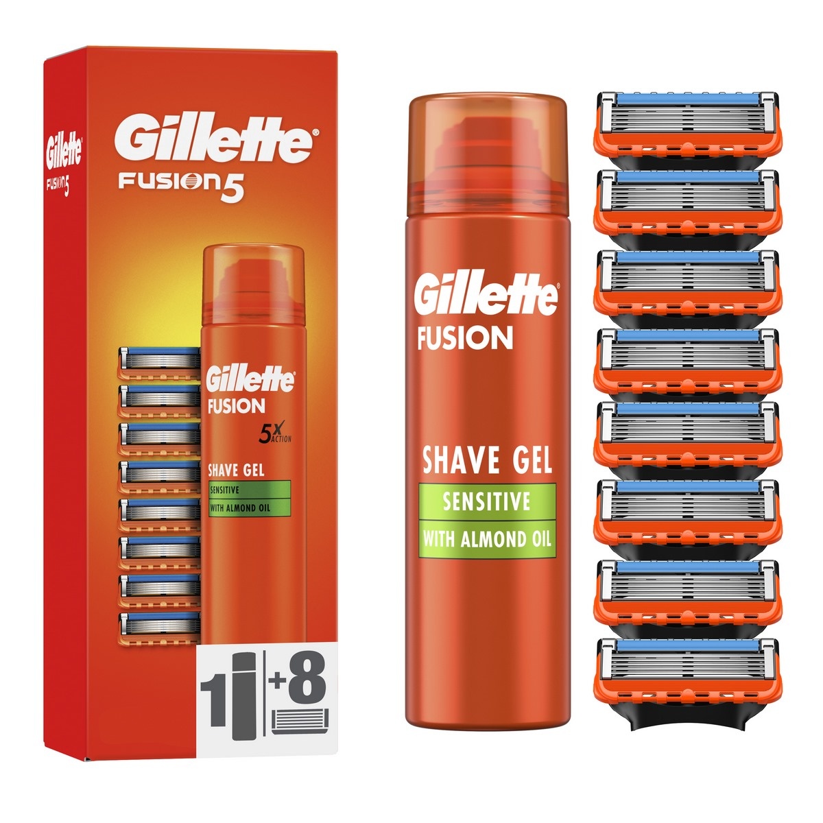 Gillette Náhradní hlavice 8 ks + holicí gel Fusion5