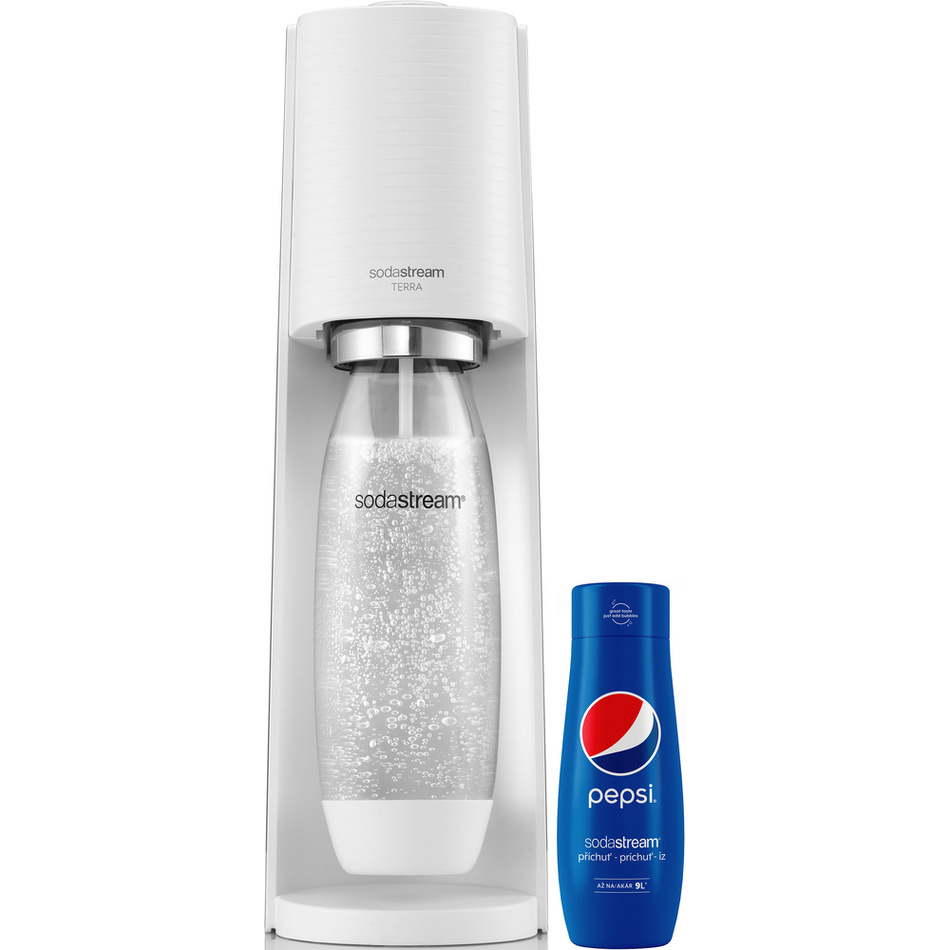 SodaStream Terra White výrobník perlivé vody se sirupem PEPSI 440 ml zdarma