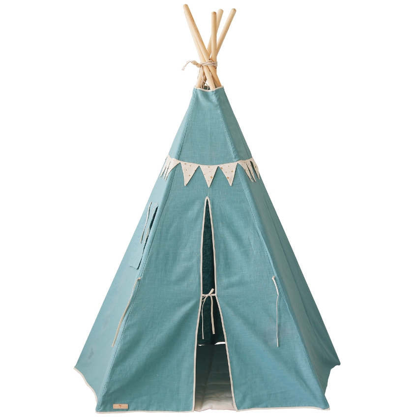 Moi Mili Modrý lněný teepee stan s girlandou Indian 170 x 130 cm